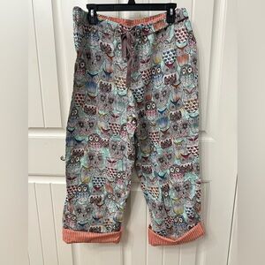 E by Eloise Owl Print Pajamas with Roll Up Hem sz Large Cotton Anthropologie